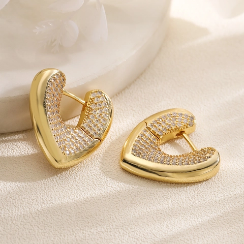 Boucles Oreilles Créoles Coeur Cuivre Plaqué Or Zircon Pavé Micro Incrusté Huggie Bijoux Mode Pour Femmes