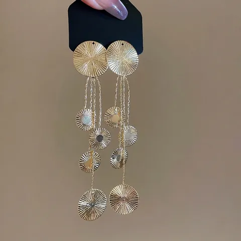Elegant Long Drop Dangle Earrings With 925 Sterling Silver Earring Post Sunburst Textured Circles Multi Layer Fashion For Women