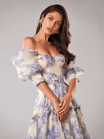 Off Shoulder Floral Maxi Kleid Organza Puffärmel Gestuftes Langes Kleid Vintage Korsett Rücken Party Bankett Für Frauen