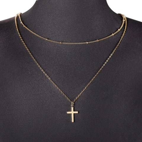 Layered Cross Necklace For Women Stainless Steel 18K Gold Plated Satellite Bead Chain Sideways Pendant Jewelry