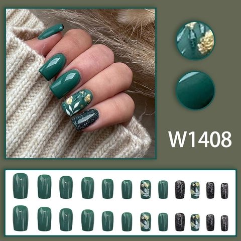 Press On Nails Dark Green Emerald Leaf Gold Foil Glitter Square Artificial Fingernails Reusable Glossy Elegant Fashion