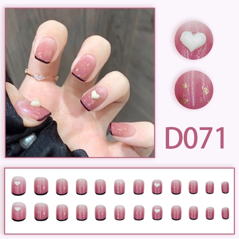 Press On Nails Rosa Verlauf Französisch Mit 3D Herz Glänzend Kurz Rund Quadratisch Falsche Nägel Süßer Stil