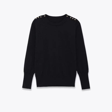 Pull En Maille Pour Femmes Col Rond Manches Longues Avec Boutons Dorés Décor À L'Épaule Haut Décontracté Ajusté
