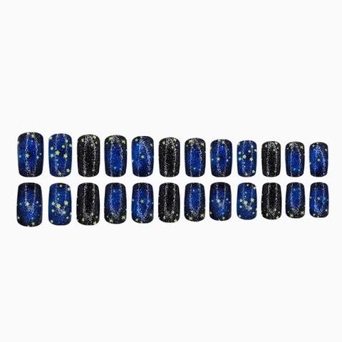 Starry Sky Galaxy Press On Nails Deep Blue Black Medium Square Fake Nails With Gold Star Glitter Elegant Manicure For Women