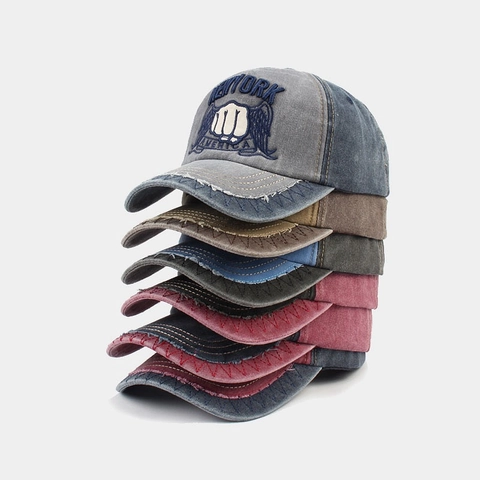 Vintage Washed Cotton Baseball Cap Distressed Embroidered New York America Fist Wings Adjustable Sun Hat Men Women