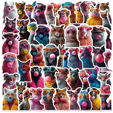 55 Pcs Animaux Soufflant Des Bulles De Gomme Autocollants Avec Lunettes De Soleil Imperméable PVC Mignon Graffiti Décalcomanies