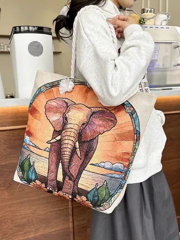 Borsa Tote da Donna in Tela con Elefante e Fiori Vintage Grande Capacità Borsa a Tracolla Ricamata Manico in Corda di Cotone Casual Viaggio Shopping