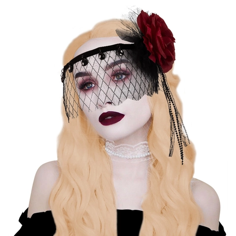 Cerchietto Con Velo Gotico Con Rosa Rossa Rete Nera E Nappe Di Pizzo Per Festa Di Halloween Mascherata Gatsby Cosplay Retro