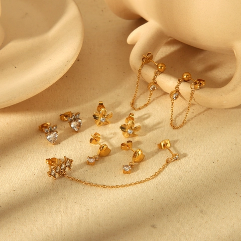 Orecchini In Acciaio Inossidabile Fiore Cuore Nappa Pendenti Lobo Oro 18K Zirconia Elegante Gioielli Per Donne