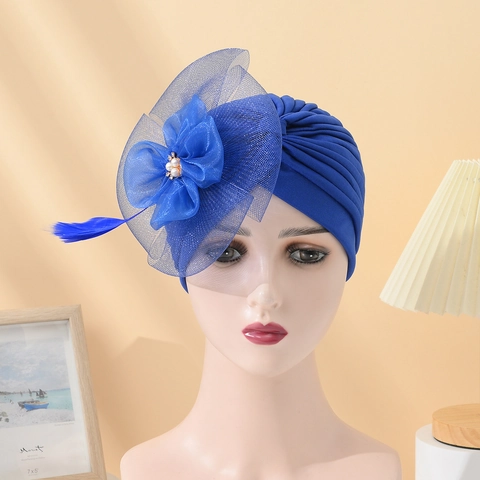 Women Turban Hat Pleated Headwrap With Mesh Flower Feather Artificial Pearl Retro Ethnic Elegant Headpiece For Formal Party Banquet