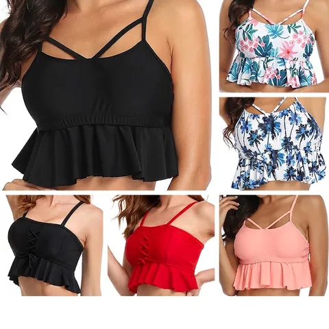 Women Tankini Top Ruffle Hem Criss Cross Strappy Back Tie Swimwear Nylon Spandex Solid Floral