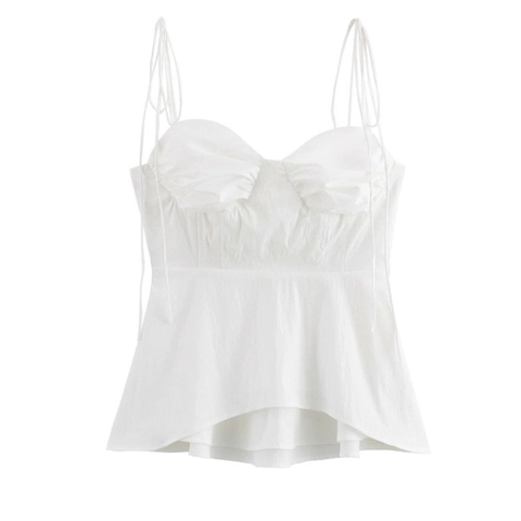 Weißes Schößchen Camisole Top Geraffte Brust Dünne Träger Sexy Streetwear Ärmellose Polyester Bluse Damen