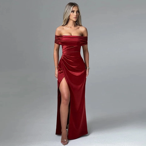 Vestido De Noche De Satén Hombros Descubiertos Abertura Alta Vestido Largo Sexy Elegante Fiesta Formal Sin Mangas Para Mujer