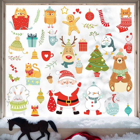 Christmas Stickers PVC Cartoon Santa Snowman Reindeer Penguin Window Clings Festive Home Wall Glass Decoration Novelty