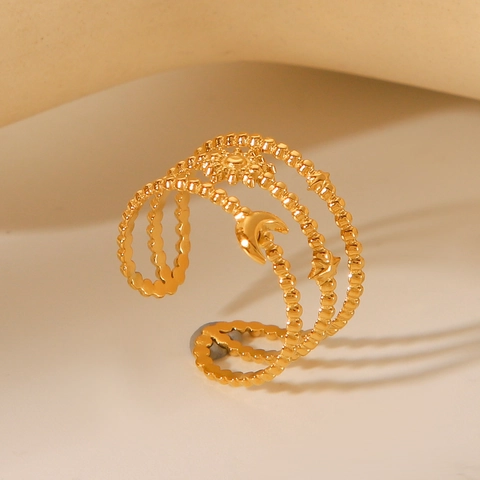 Anillo Abierto Multicapa De Acero Inoxidable Chapado En Oro De 18K Con Elementos Celestiales Sol Luna Estrella Para Mujer