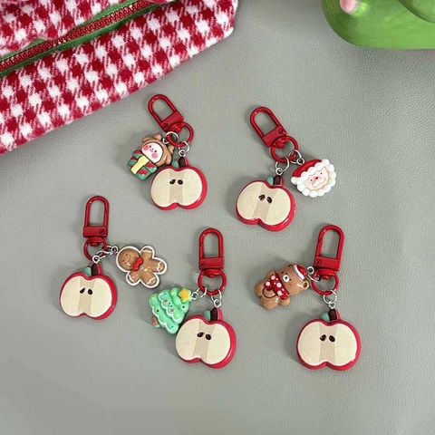 Portachiavi in Resina a Forma di Mela di Natale Simpatico Cartone Animato Babbo Natale Pendente per Borsa Regalo per Donne Bambini