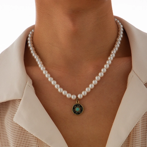 Sun Pendant Necklace With Faux Artificial Pearl And Alloy Turquoise Jewelry Hip Hop Simple Elegant For Men Unisex