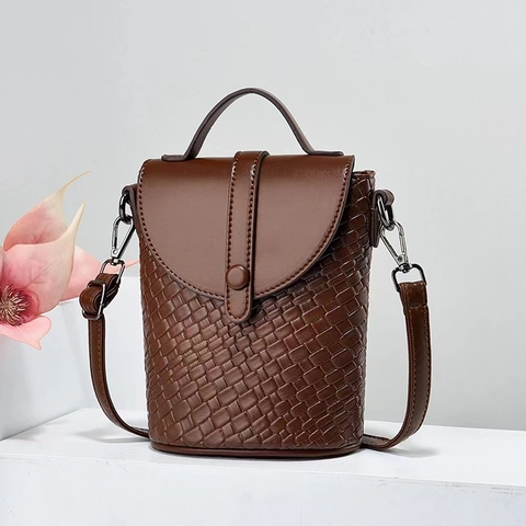Mini Umhängetasche Für Handy PU Leder Gewebte Textur Vertikale Eimertasche Kleine Schulterhandtasche Mit Griff Für Damen