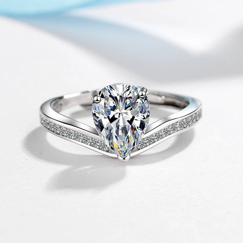 Anello Con Zircone A Forma Di Pera Design A V Rame Placcato Oro Bianco Regolabile Aperto Moda Per Donna