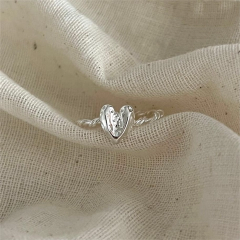 Heart Shape 925 Sterling Silver Ring Twisted Rope Band Hammered Texture Irregular Minimalist Jewelry For Women