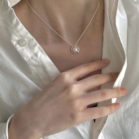Collier Perle Eau Douce Argent Sterling 925 Style Vintage Français Chaîne Clavicule Bijoux Géométriques Minimalistes Femme
