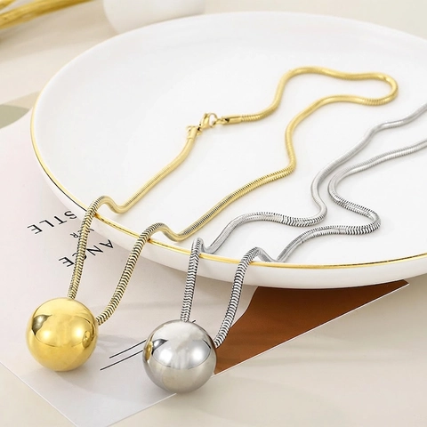 Round Ball Pendant Necklace Stainless Steel Snake Chain Minimalist Polished Jewelry For Women Men Gold Steel Color