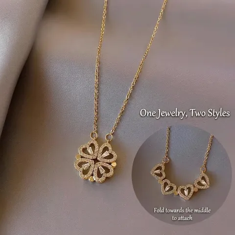 Magnetic Foldable Four Leaf Clover Necklace Two Way Wearable Titanium Steel Gold Plated Zirconia Heart Pendant Women Elegant