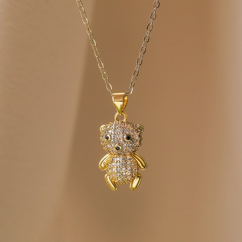 Teddy Bear Pendant Necklace Gold Plated Copper Cubic Zirconia Full Pavé Cute Versatile Jewelry For Women