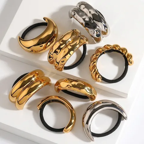 Geometric Metal Ponytail Holder Hair Ties Stainless Steel Textured Waterproof Hypoallergenic Fashion Hair Accessories