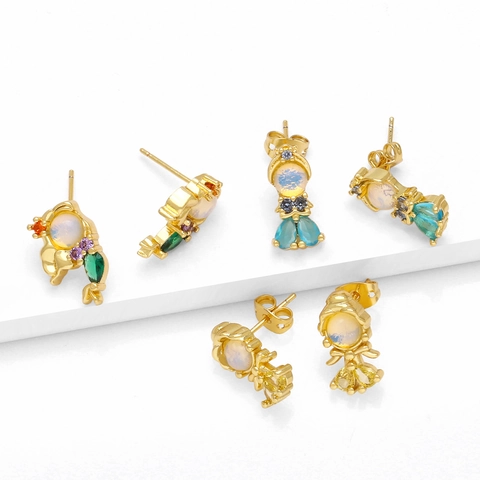 Cartoon Mermaid Princess Stud Earrings Copper Gold Plated Colorful Rhinestone Fairy Tale Style Jewelry Gift For Women