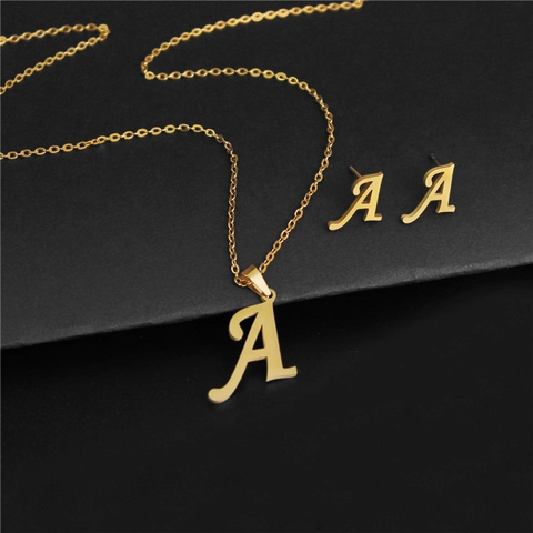 Minimalist 304 Stainless Steel Initial Letter Necklace And Stud Earrings Alphabet Gold Jewelry For Women Girls Elegant Accessory