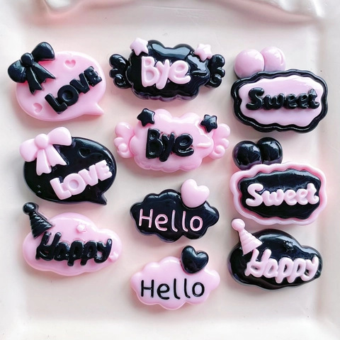Resin Flatback Charms Pink Black Letter Printed Shapes For DIY Phone Case Hair Clip Crafts Decoration Sweet Cool Style