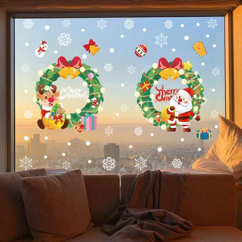 Christmas Window Stickers PVC Static Clings Santa Claus Elk Wreath Snowflakes Double Sided Glass Decals Festive Home Decor