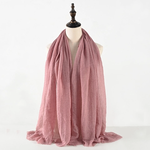 Solid Color Crinkle Pleated Scarf For Women Cotton Linen Blend Breathable Large Wrap Hijab With Fringe Edge Ethnic Scarf Shawl