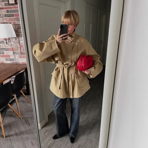 Khaki Dames Trenchcoat Polyester Losse Pasvorm Intellectuele Revers Riem Windjack Casual Elegante Lange Bovenkleding