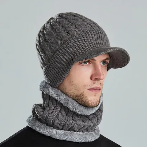 Conjunto De Gorro De Punto Y Bufanda Para Hombre Con Forro Polar Cálido Resistente Al Viento Con Visera