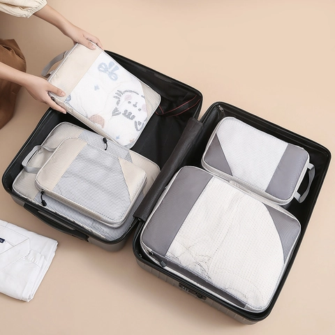 Travel Packing Cubes Compression Storage Bags Polyester Mesh Diamond Grid Organizer For Suitcase Luggage Clothing Accessories