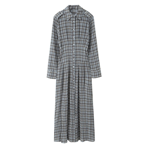 Geblokte Shirt Maxi Jurk Dames Lange Mouwen Knoopsluiting Hoge Taille Reverskraag Seersucker Textuur Retro Stijl