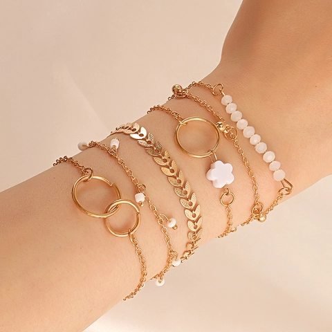 Bracciale Multistrato Lega Finta Perla Artificial Foglia Geometrico Cerchio Fiore Nappa Gioielli Moda Per Donne