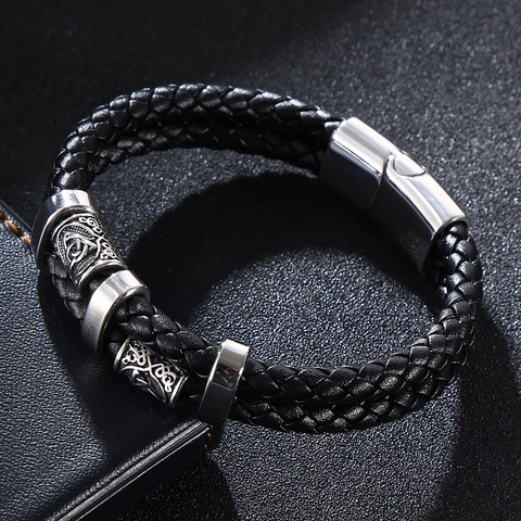 Herren Geflochtenes Lederarmband Mit Edelstahl Keltische Knoten Perlen Magnetverschluss Vintage Wikinger Nordischer Stil