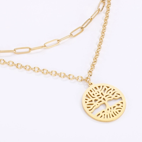 Collar De Dos Capas Árbol De La Vida Acero Inoxidable Cadena Eslabones Colgante Redondo Calado Para Mujer