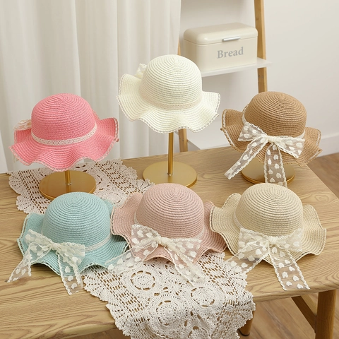 Chapeau De Paille Et Sac À Main Assorti Filles Douce Noeud Dentelle Imprimé Cœur Protection Solaire Plage Été