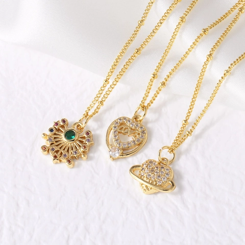 Pendant Necklace Copper Gold Plated Cubic Zirconia Heart Star Planet Charms Elegant Fashion Clavicle Chain Jewelry For Women