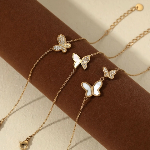 Dainty Butterfly Bracelet For Women Stainless Steel Shell Inlay Cubic Zirconia Rhinestone Elegant Fashion Accessory