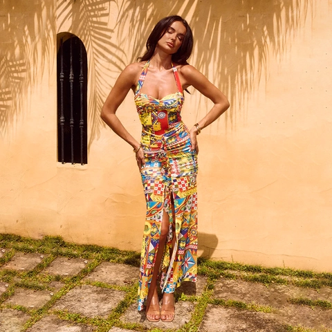 Robe Maxi Licou Pour Femmes Imprimé Carreaux Siciliens Colorés Dos Nu Fente Haute Sexy Été Vacances Fête Polyester