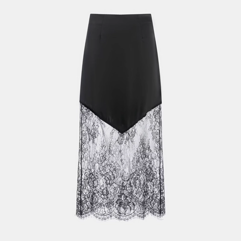 Women Satin Lace Patchwork Maxi Skirt High Waist Elegant Long Skirts Streetwear Sexy Fashion