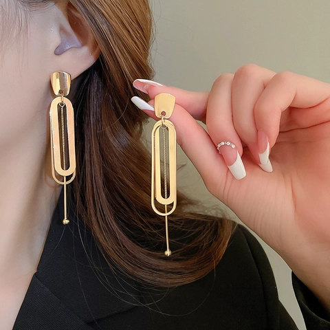 Geometric Double Oval Long Chain Drop Earrings With Silver Earring Post Copper Minimalist Fashion Jewelry For Women
