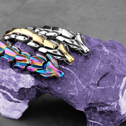 Dragon Bone Chain Bracelet Stainless Steel Heavy Punk Gothic Hip Hop Jewelry For Men Dragon Head Clasp Metal Wristband