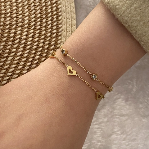 Double Layer Stainless Steel Bracelet Gold Plated Heart Flower Butterfly Evil Eye Charms Zirconia Elegant Fashion Jewelry