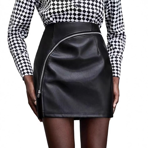 Minigonna In Ecopelle PU Da Donna Vita Alta Cerniera Diagonale Bodycon Spacco Moda Streetwear Abbigliamento